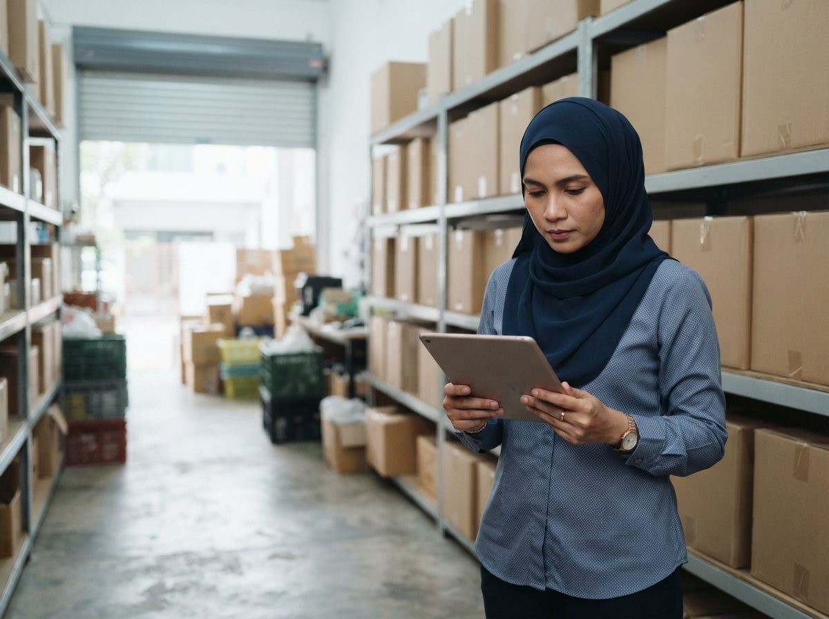 Business owner reviewing accounts in a warehouse