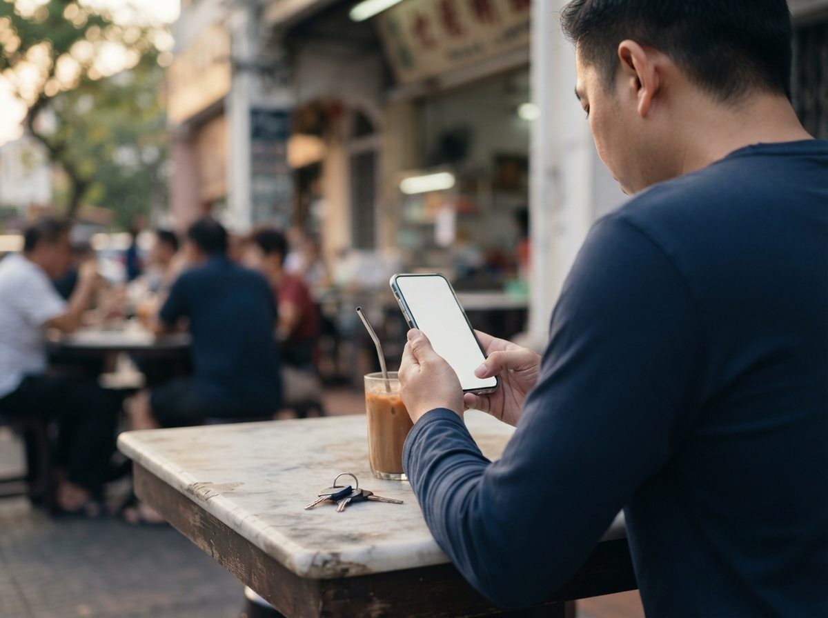 Person completing a banking transaction on a mobile phone